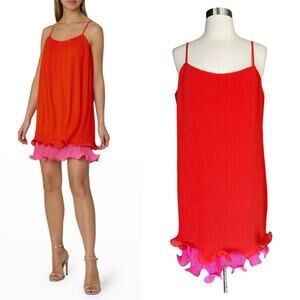 MILLY Bianca Dress Sleeveless Pleated Coral Orange Cocktail Ruffle Hem 10 NWOT